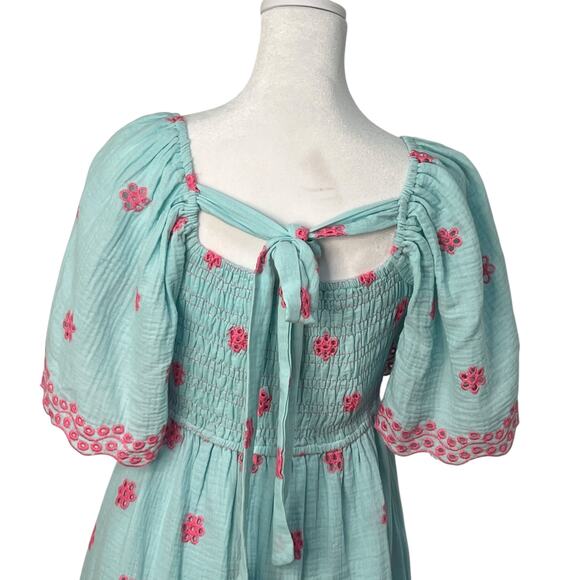 Easel Embroidered Smocked Tie Back Cotton Blue Ruffle Dress Small A Line Boho - Picture 8 of 14
